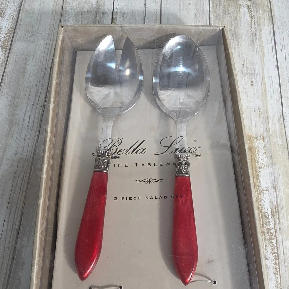 Bella Lux Fine Tableware 2 Piece Salad Set Cameo Red Marbled Handles New